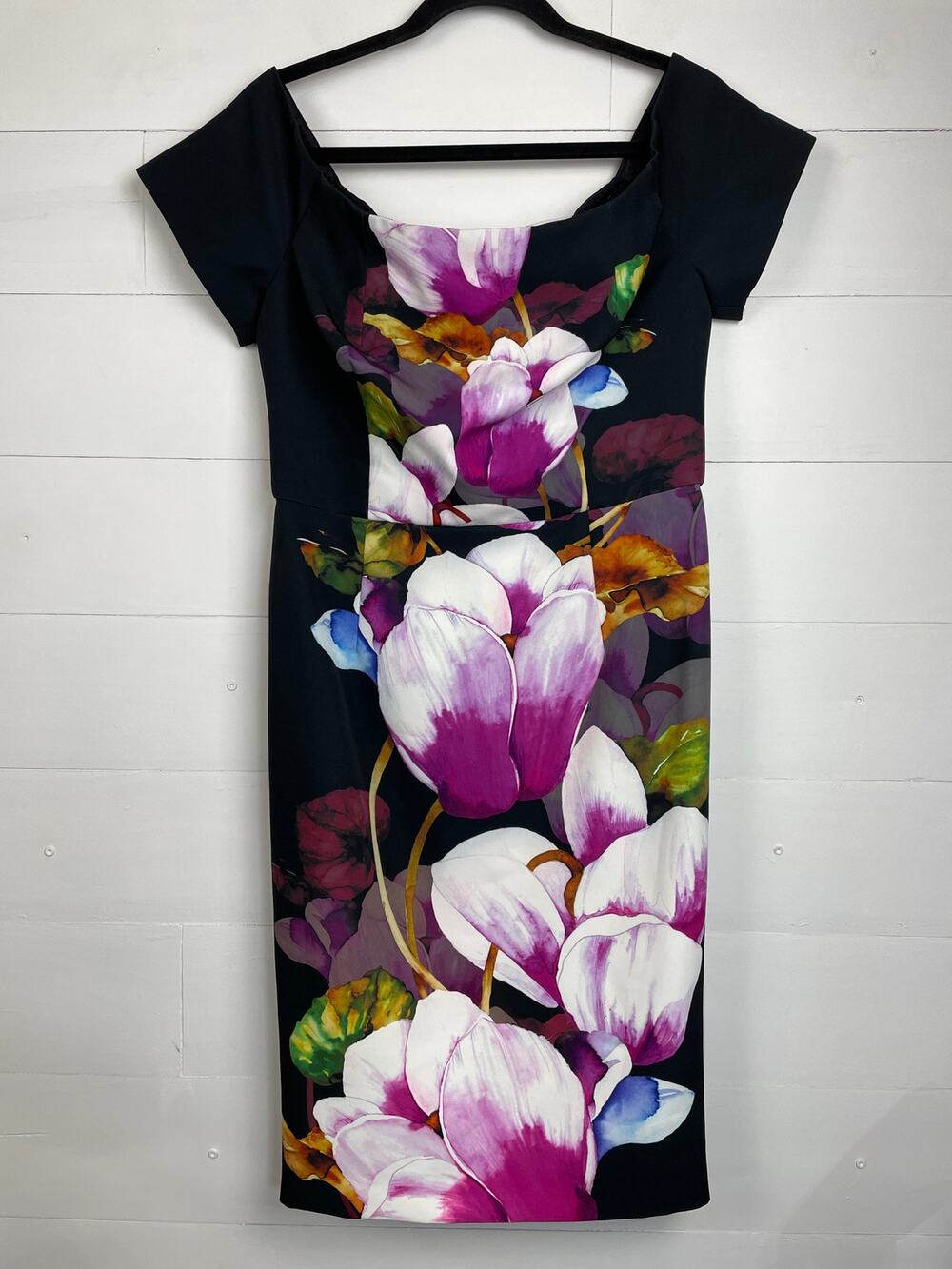 Trina Turk Ruby Off-the-Shoulder Tulip Floral Sheath Bodycon Dress Size 10